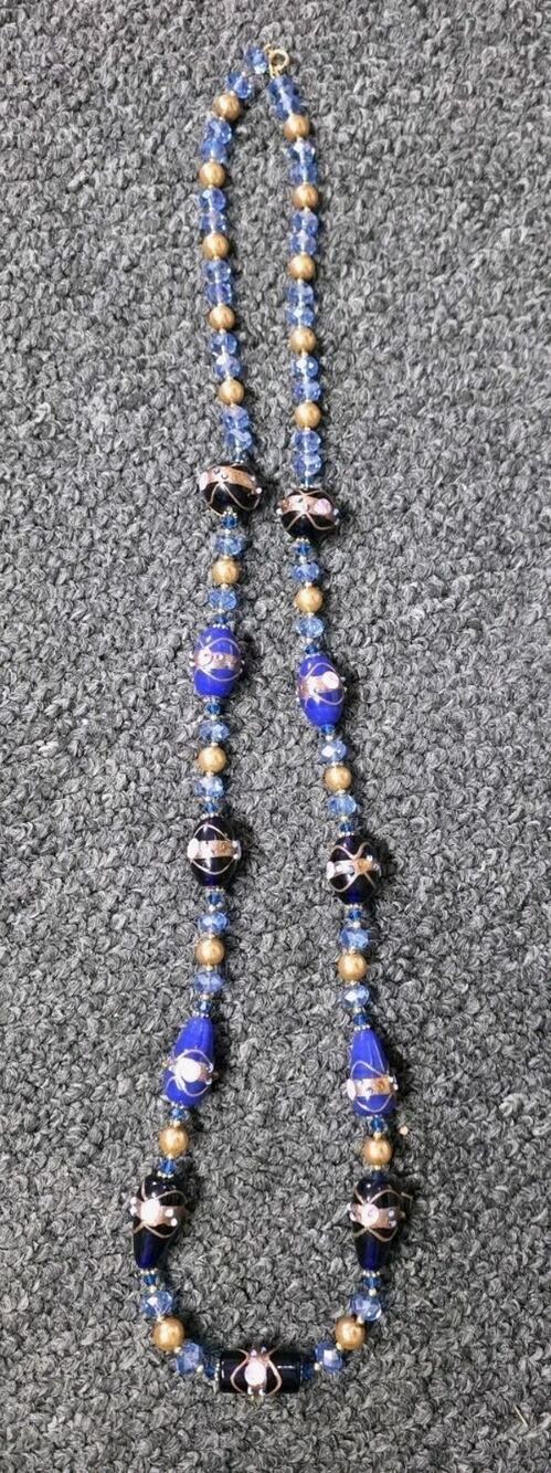 Vintage Venetian Murano Glass Wedding Cake Bead Necklace Cobalt Blue 32”